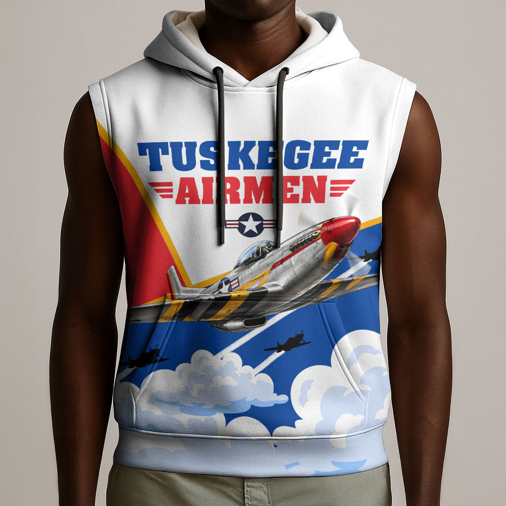 Personalized Tuskegee Airmen Sleeveless Hoodie Expect To Win P-51 Mustang Patriotic Aviation Art