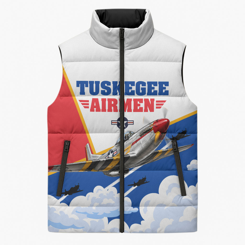 Personalized Tuskegee Airmen Sleeveless Puffer Jacket Expect To Win P-51 Mustang Patriotic Aviation Art