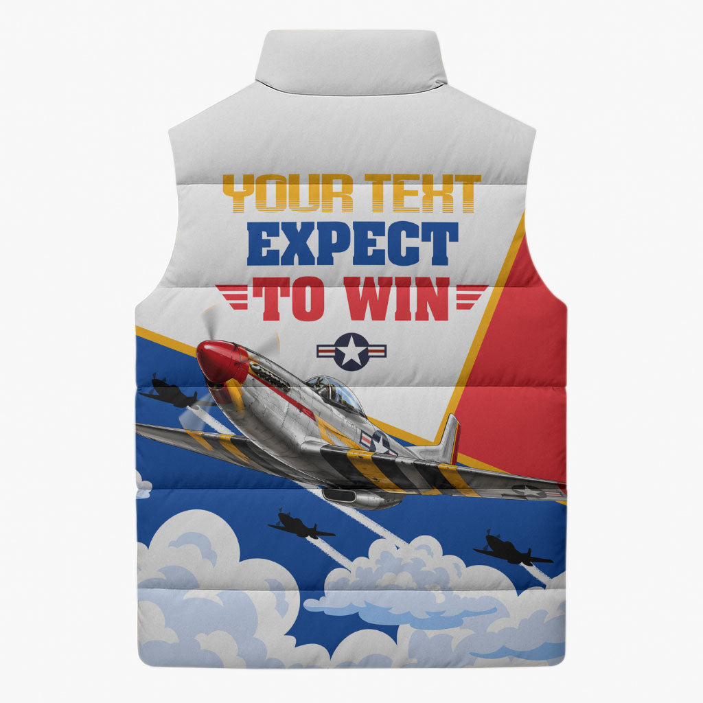 Personalized Tuskegee Airmen Sleeveless Puffer Jacket Expect To Win P-51 Mustang Patriotic Aviation Art