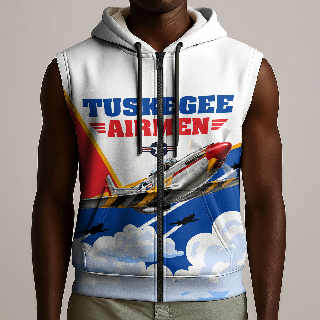 Personalized Tuskegee Airmen Sleeveless Zip Hoodie Expect To Win P-51 Mustang Patriotic Aviation Art