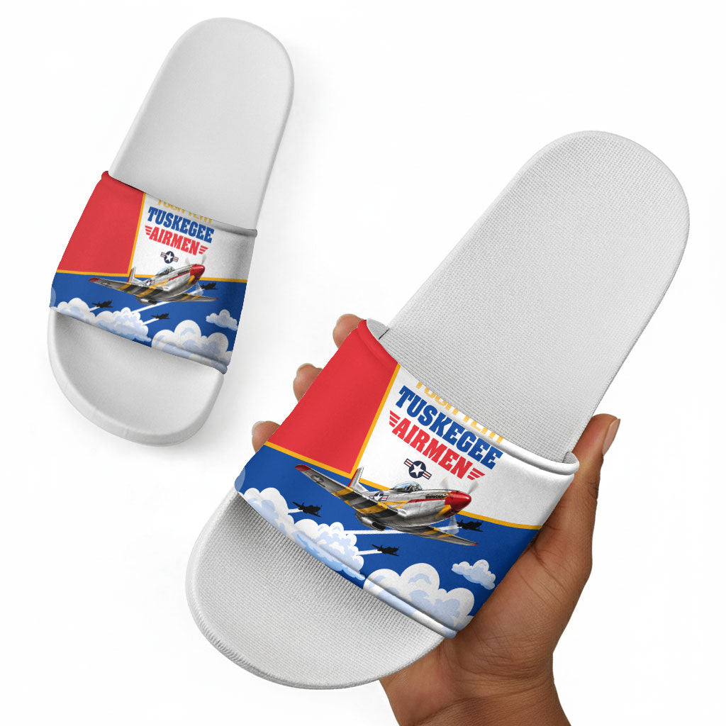 Personalized Tuskegee Airmen Slide Sandals Expect To Win P-51 Mustang Patriotic Aviation Art