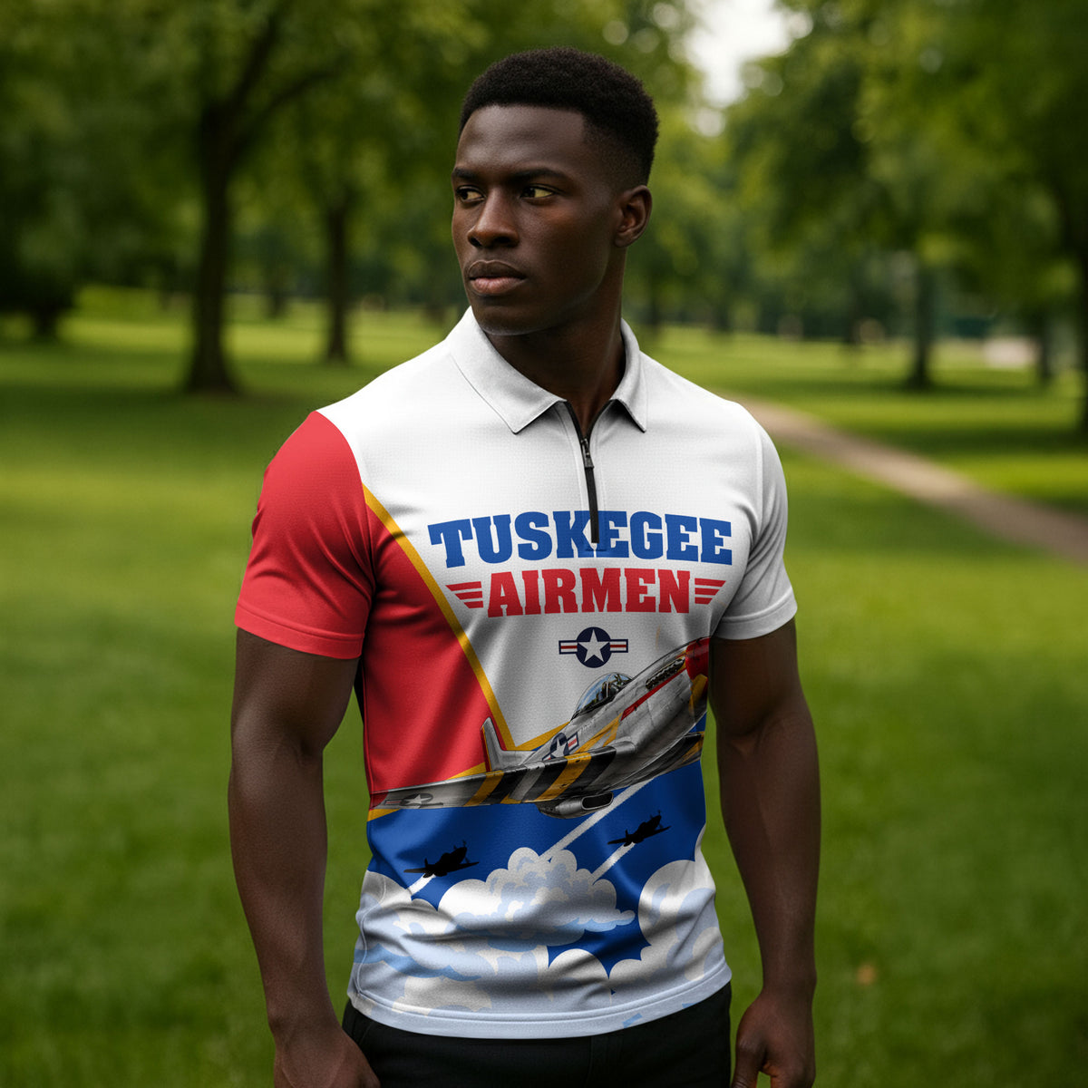 Personalized Tuskegee Airmen Zipper Polo Shirt Expect To Win P-51 Mustang Patriotic Aviation Art