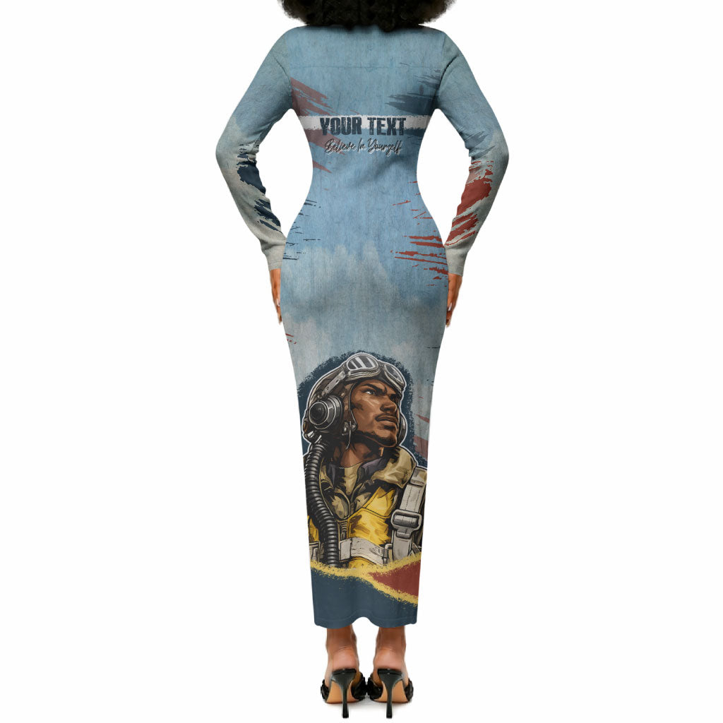 Personalized Tuskegee Airmen Long Sleeve Bodycon Dress Believe In Yourself Vintage WWII Military Aviation Art