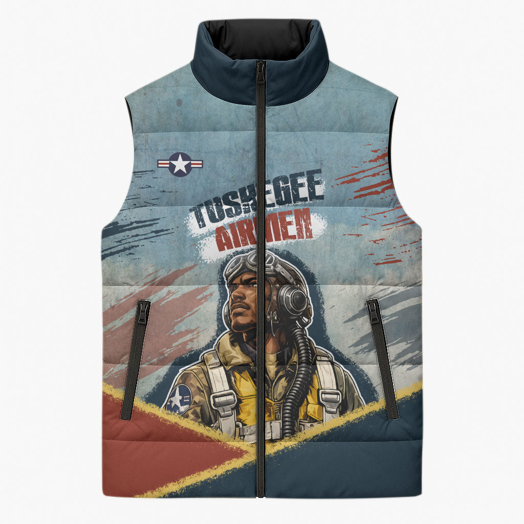 Personalized Tuskegee Airmen Sleeveless Puffer Jacket Believe In Yourself Vintage WWII Military Aviation Art