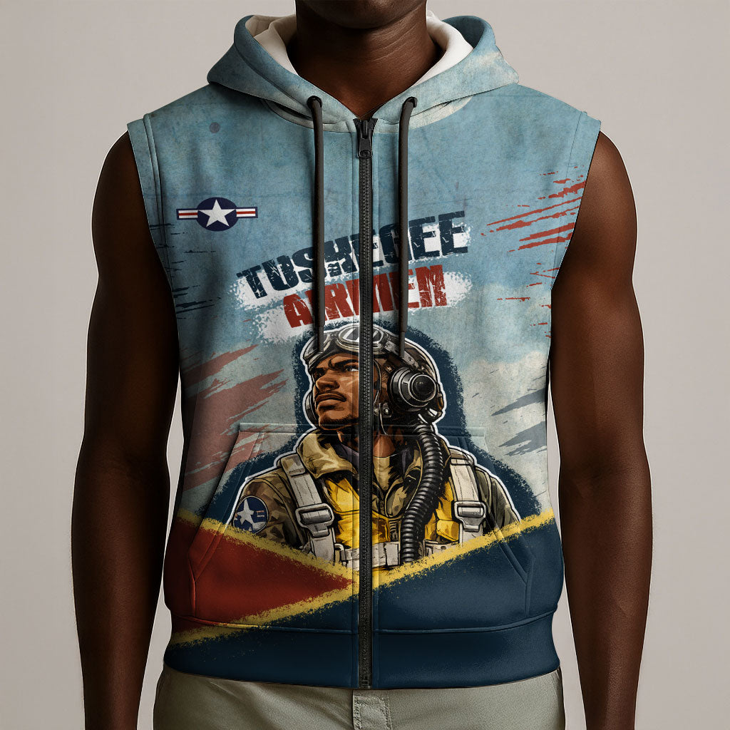 Personalized Tuskegee Airmen Sleeveless Zip Hoodie Believe In Yourself Vintage WWII Military Aviation Art