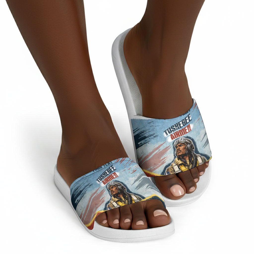 Personalized Tuskegee Airmen Slide Sandals Believe In Yourself Vintage WWII Military Aviation Art