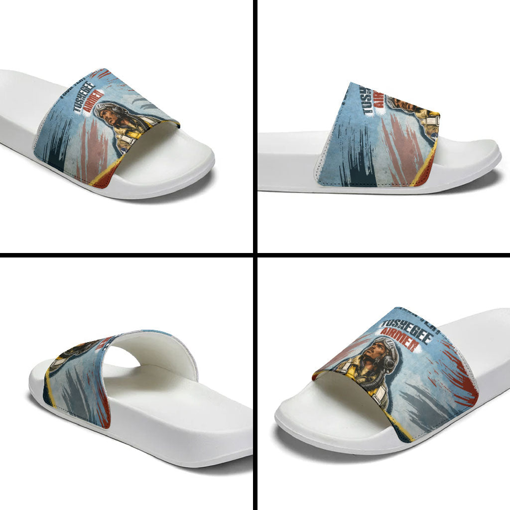 Personalized Tuskegee Airmen Slide Sandals Believe In Yourself Vintage WWII Military Aviation Art