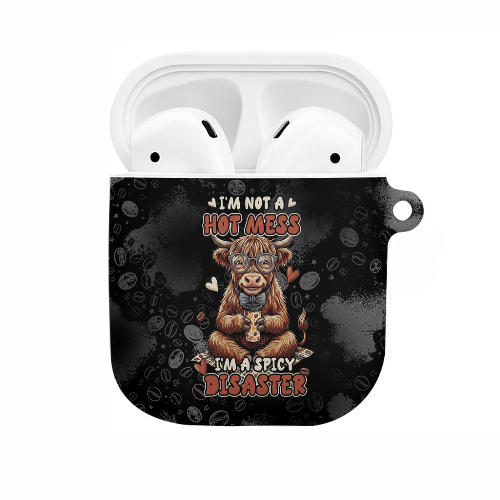 Hot Mess Highland Cow AirPods Case Funny Cute Coffee Lover - Im A Spicy Disaster