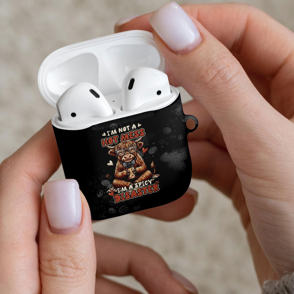 Hot Mess Highland Cow AirPods Case Funny Cute Coffee Lover - Im A Spicy Disaster
