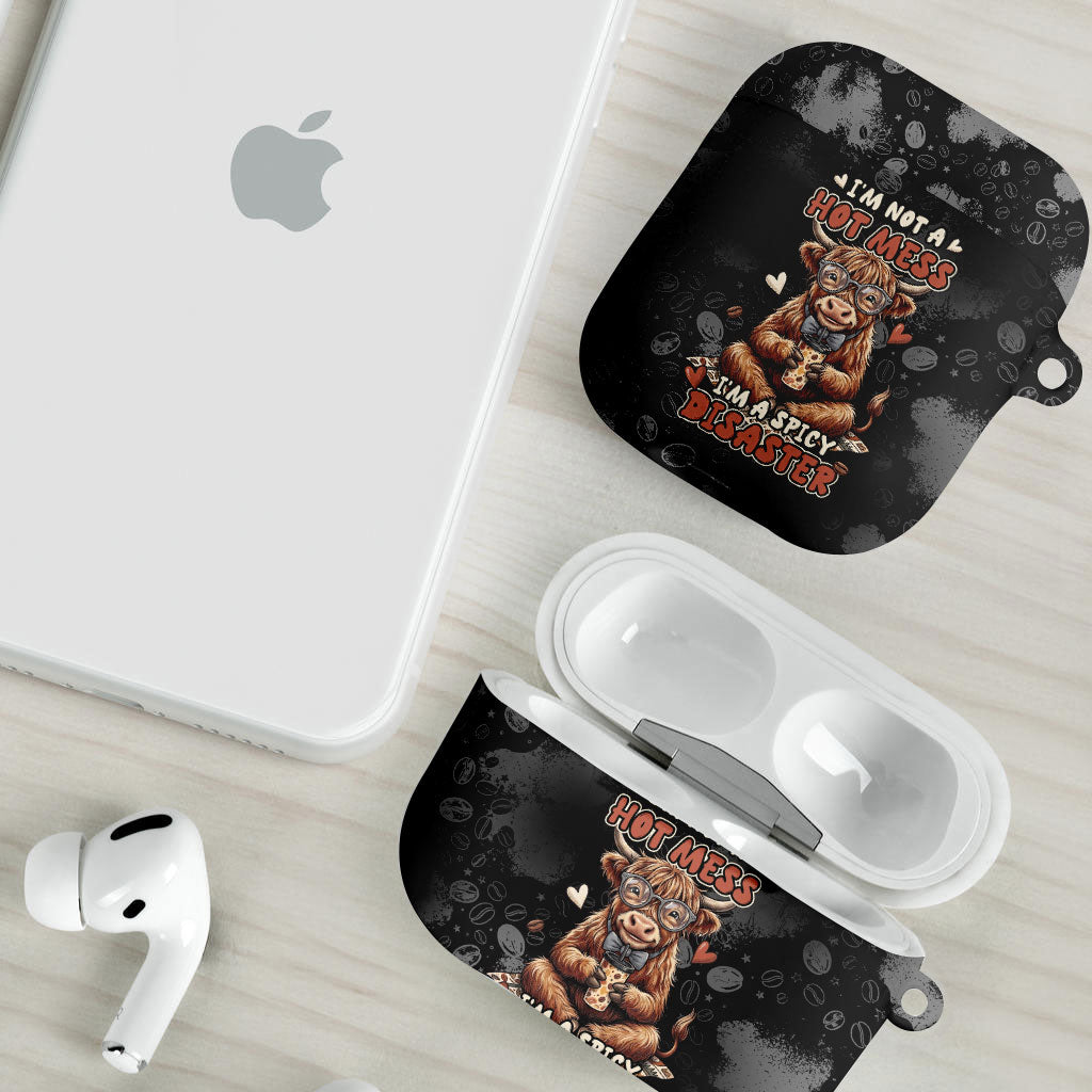 Hot Mess Highland Cow AirPods Case Funny Cute Coffee Lover - Im A Spicy Disaster