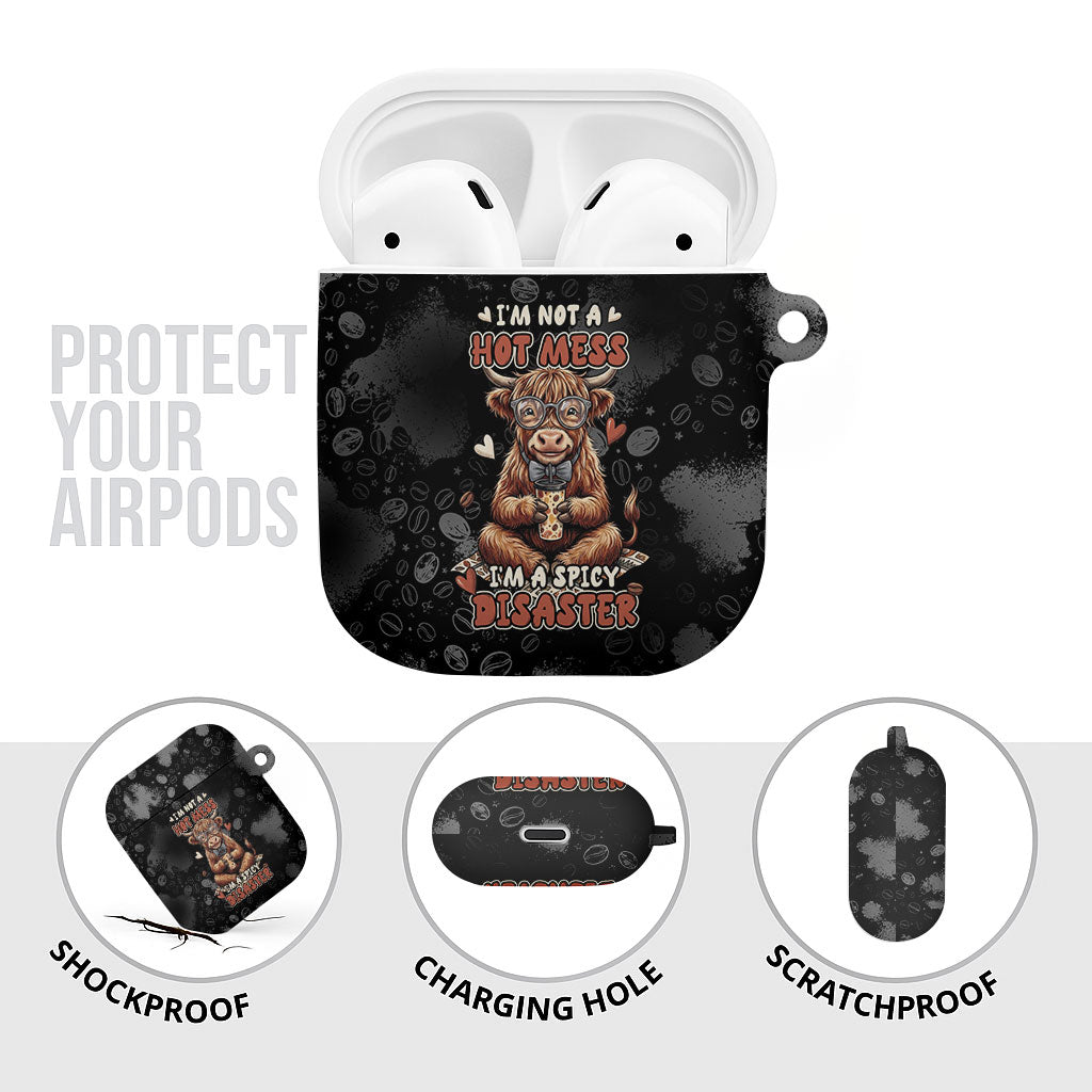 Hot Mess Highland Cow AirPods Case Funny Cute Coffee Lover - Im A Spicy Disaster