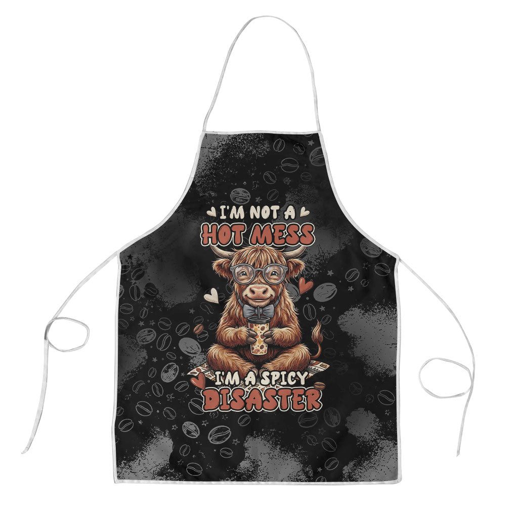 Hot Mess Highland Cow Apron Funny Cute Coffee Lover - Im A Spicy Disaster