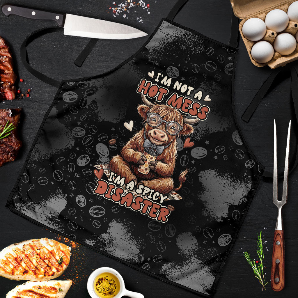 Hot Mess Highland Cow Apron Funny Cute Coffee Lover - Im A Spicy Disaster
