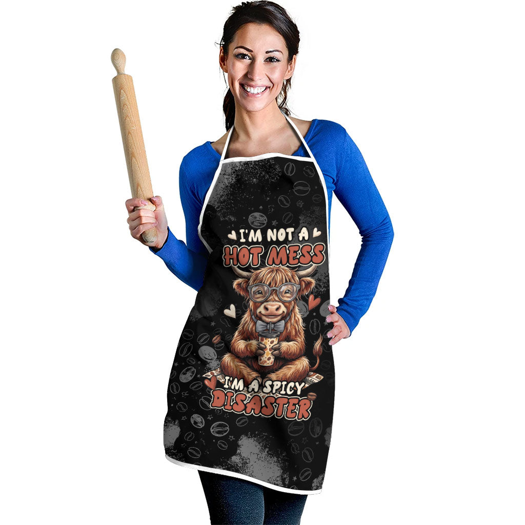 Hot Mess Highland Cow Apron Funny Cute Coffee Lover - Im A Spicy Disaster