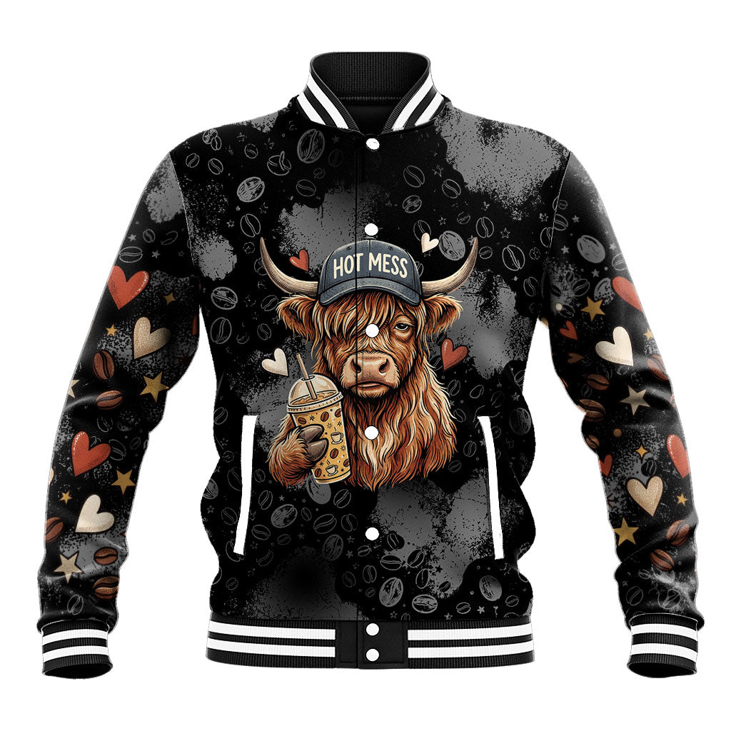 Hot Mess Highland Cow Baseball Jacket Funny Cute Coffee Lover - Im A Spicy Disaster