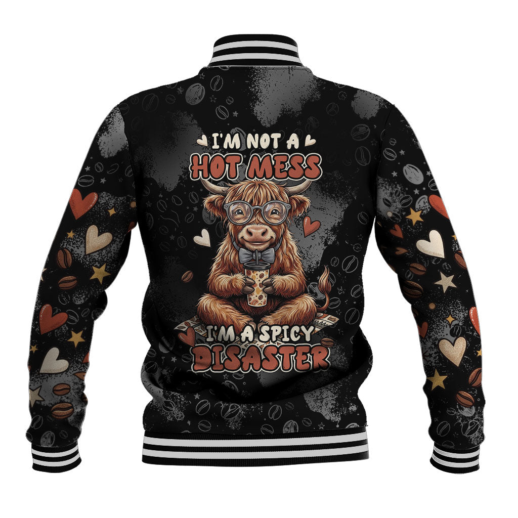 Hot Mess Highland Cow Baseball Jacket Funny Cute Coffee Lover - Im A Spicy Disaster