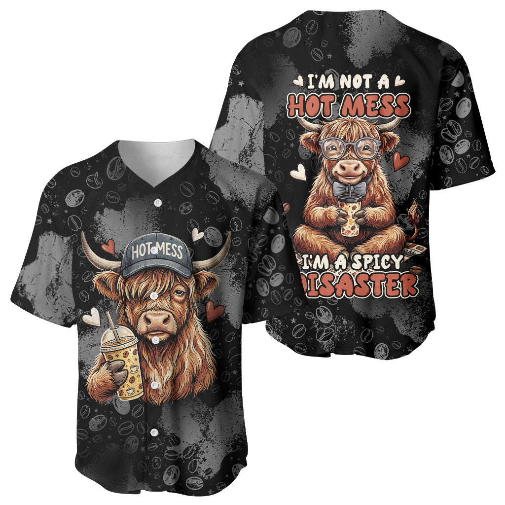 Hot Mess Highland Cow Baseball Jersey Funny Cute Coffee Lover - Im A Spicy Disaster