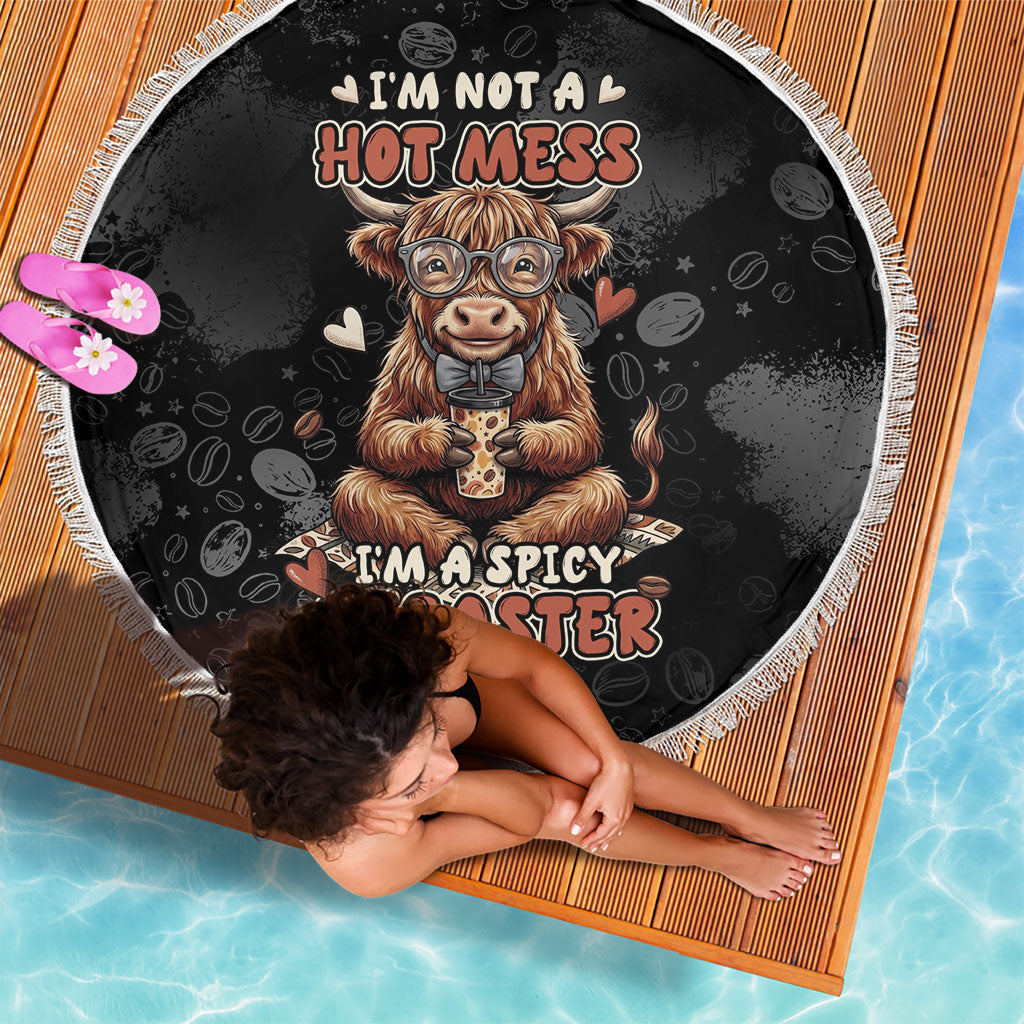 Hot Mess Highland Cow Beach Blanket Funny Cute Coffee Lover - Im A Spicy Disaster