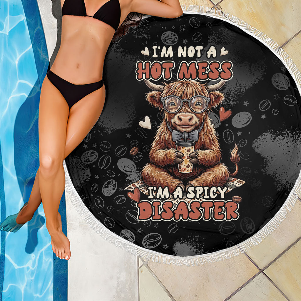 Hot Mess Highland Cow Beach Blanket Funny Cute Coffee Lover - Im A Spicy Disaster