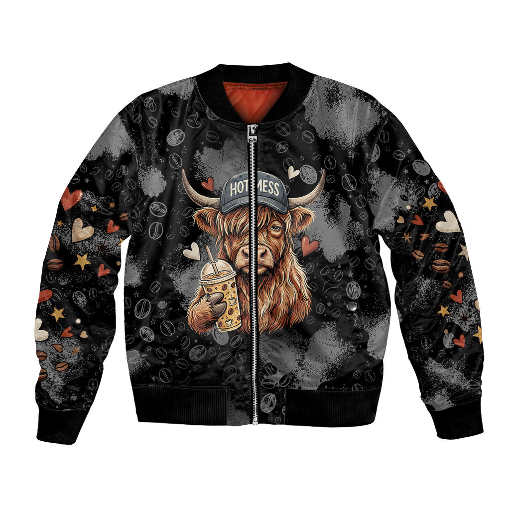 Hot Mess Highland Cow Bomber Jacket Funny Cute Coffee Lover - Im A Spicy Disaster