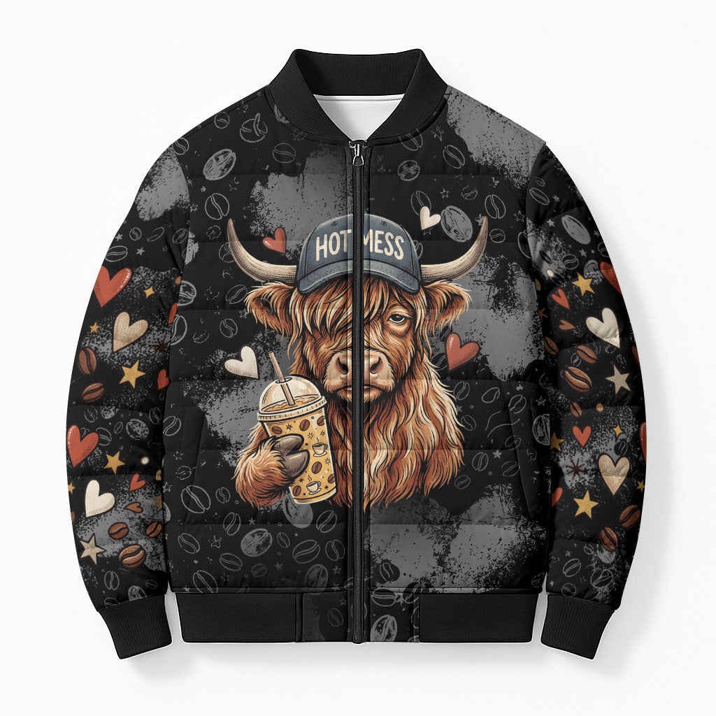 Hot Mess Highland Cow Bomber Puffer Jacket Funny Cute Coffee Lover - Im A Spicy Disaster