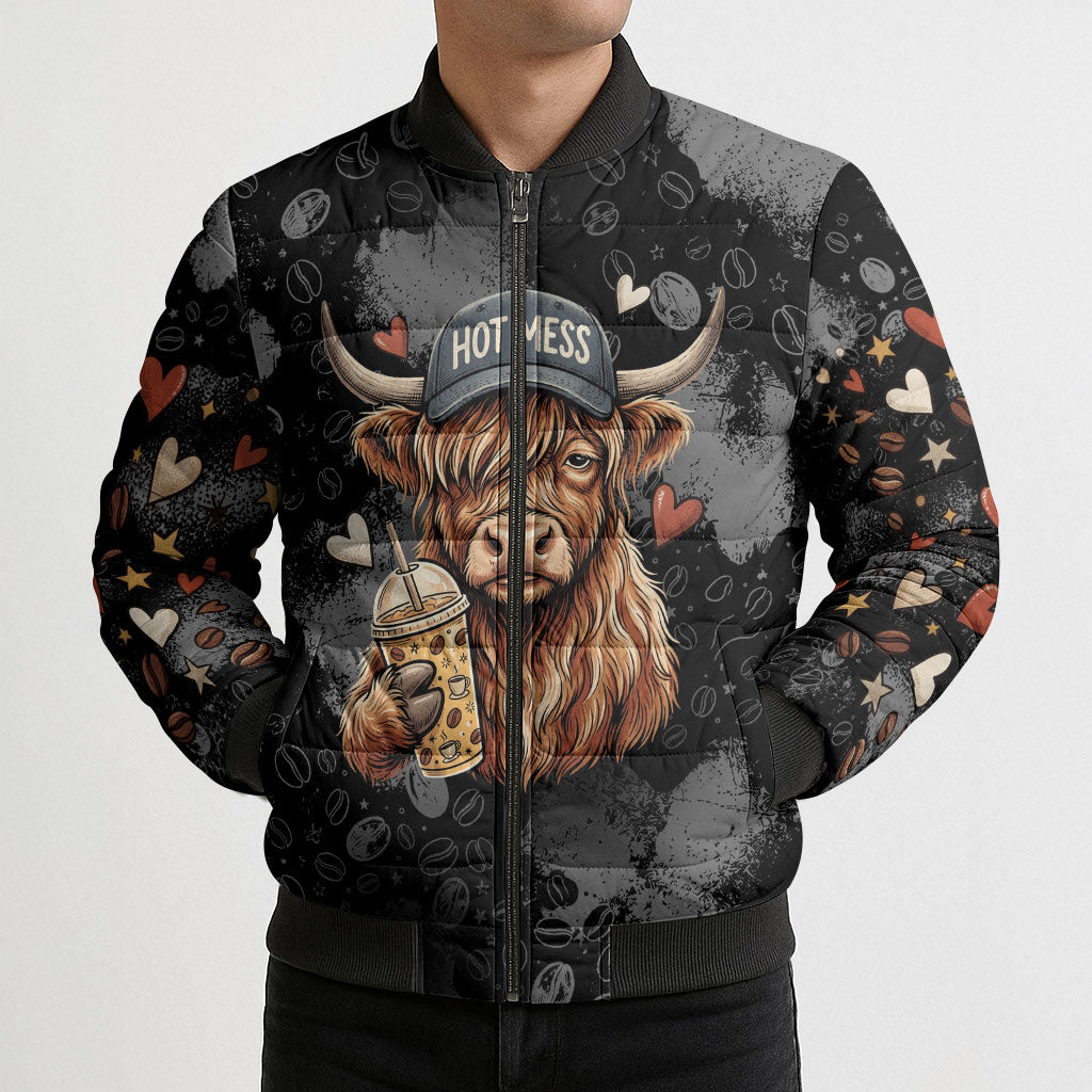 Hot Mess Highland Cow Bomber Puffer Jacket Funny Cute Coffee Lover - Im A Spicy Disaster