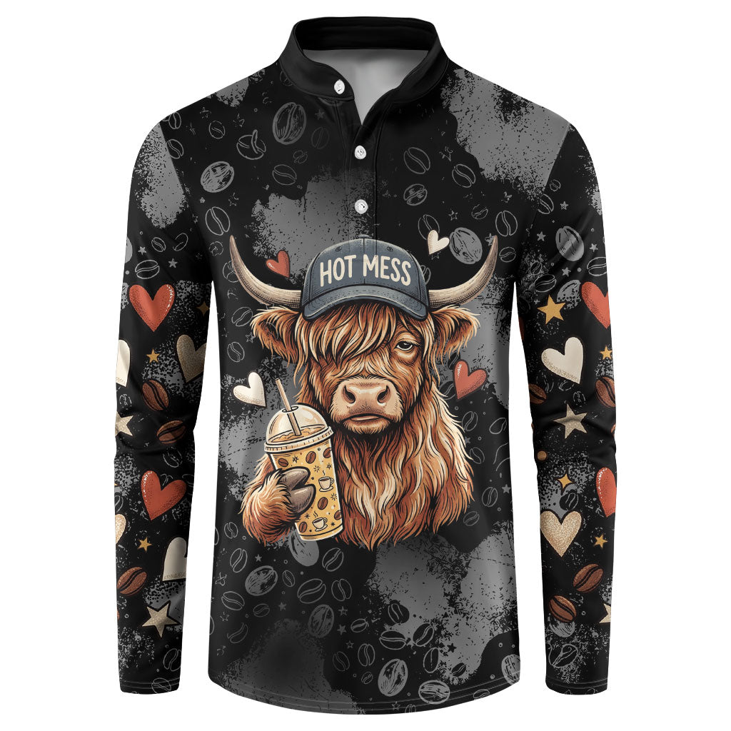 Hot Mess Highland Cow Button Sweatshirt Funny Cute Coffee Lover - Im A Spicy Disaster