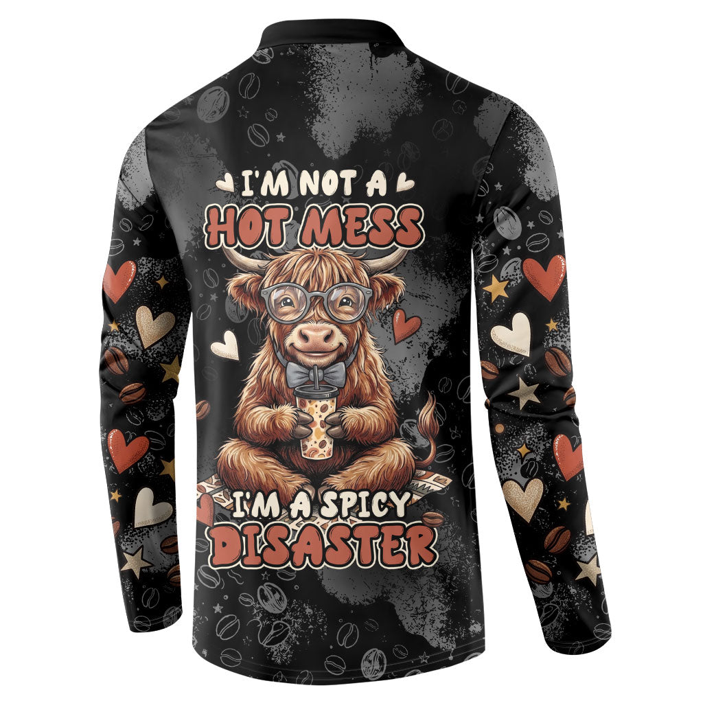 Hot Mess Highland Cow Button Sweatshirt Funny Cute Coffee Lover - Im A Spicy Disaster