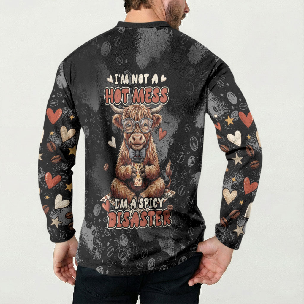 Hot Mess Highland Cow Button Sweatshirt Funny Cute Coffee Lover - Im A Spicy Disaster