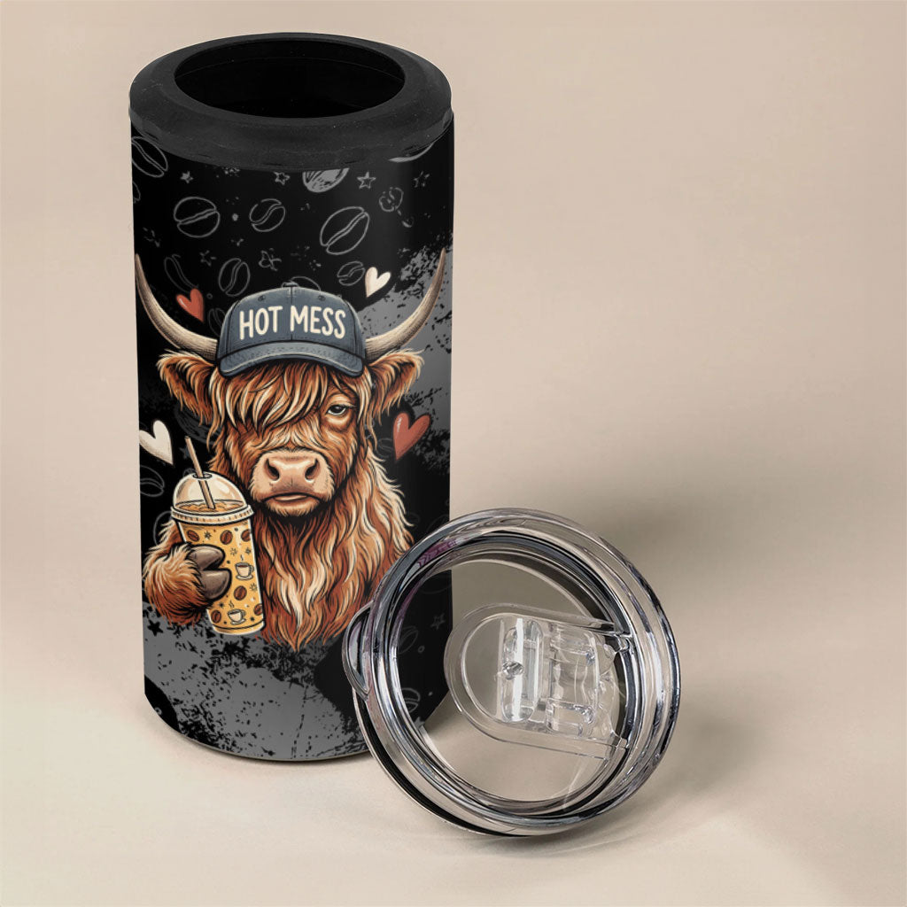 Hot Mess Highland Cow 4 in 1 Can Cooler Tumbler Funny Cute Coffee Lover - Im A Spicy Disaster