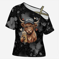 Hot Mess Highland Cow Cross Shoulder Shirt Funny Cute Coffee Lover - Im A Spicy Disaster