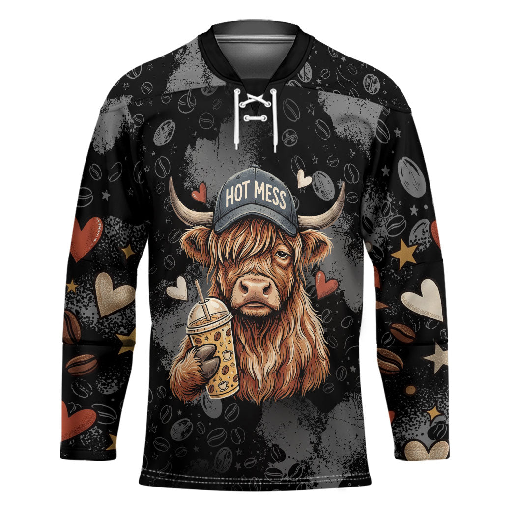 Hot Mess Highland Cow Hockey Jersey Funny Cute Coffee Lover - Im A Spicy Disaster