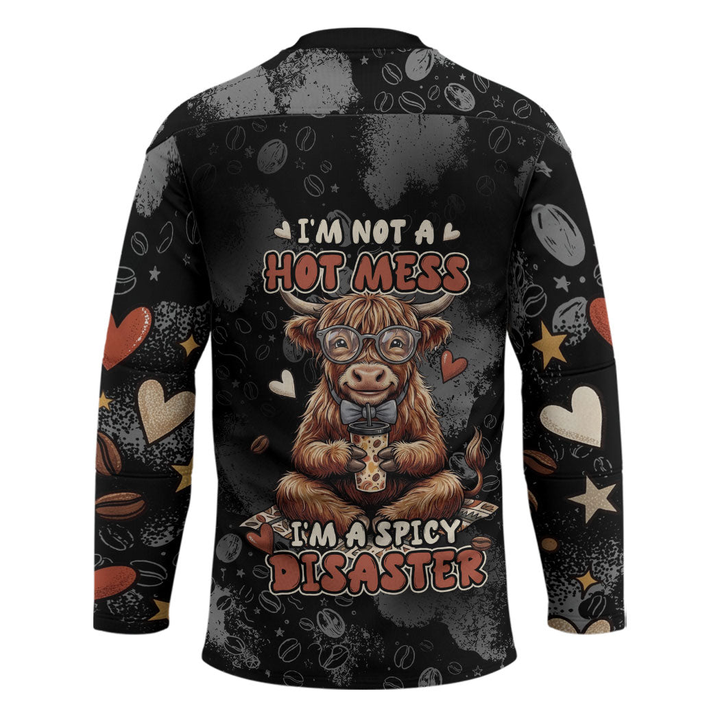 Hot Mess Highland Cow Hockey Jersey Funny Cute Coffee Lover - Im A Spicy Disaster