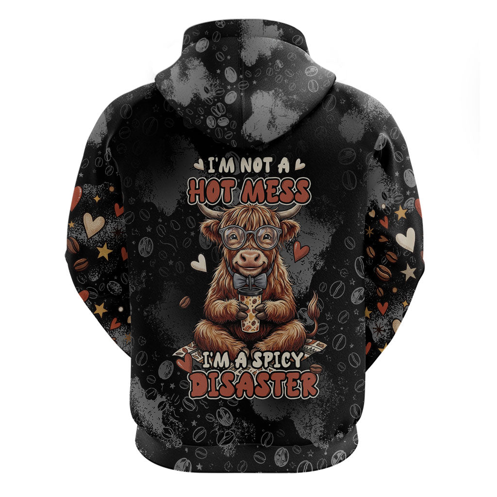 Hot Mess Highland Cow Hoodie Funny Cute Coffee Lover - Im A Spicy Disaster