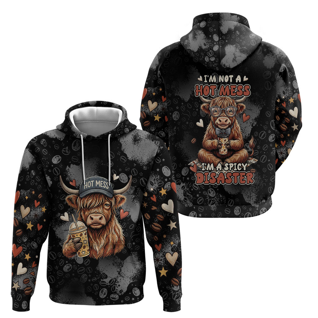 Hot Mess Highland Cow Hoodie Funny Cute Coffee Lover - Im A Spicy Disaster