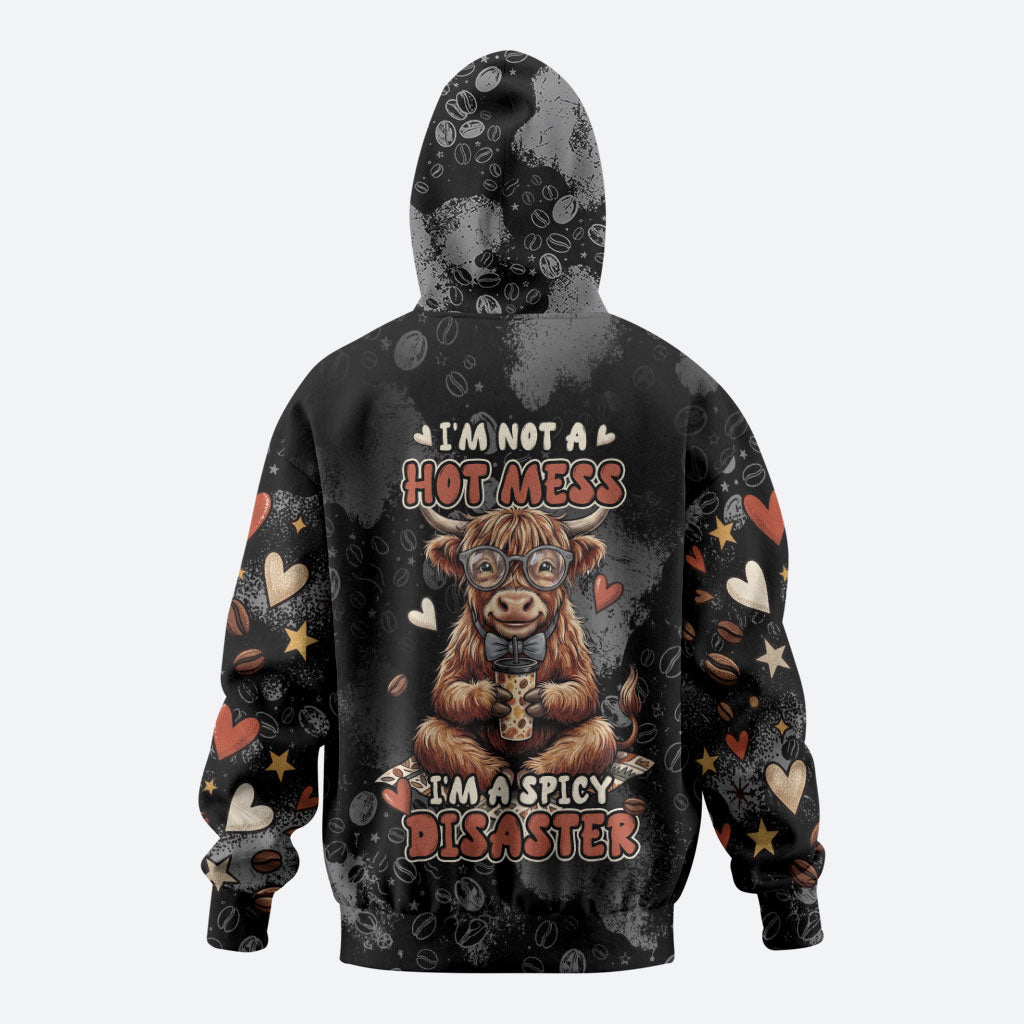 Hot Mess Highland Cow Hoodie Funny Cute Coffee Lover - Im A Spicy Disaster