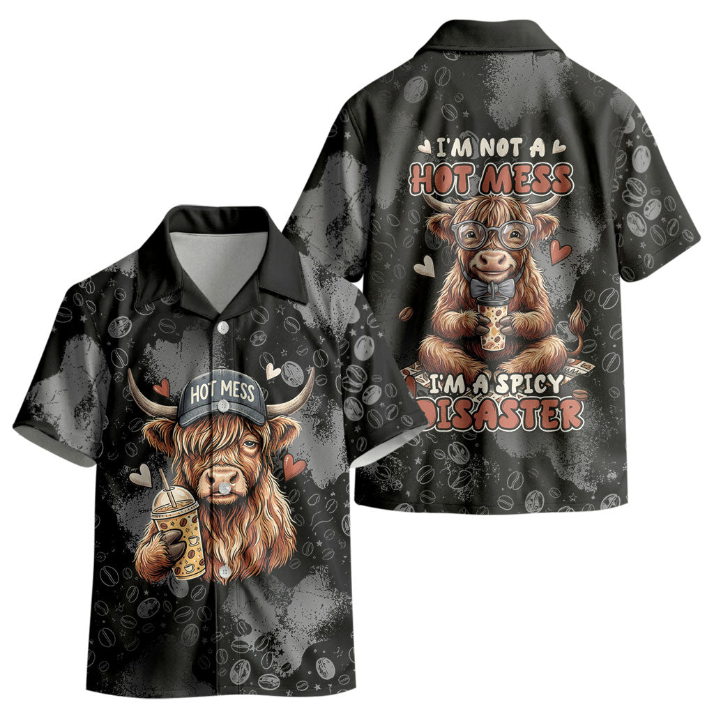 Hot Mess Highland Cow Kid Hawaiian Shirt Funny Cute Coffee Lover - Im A Spicy Disaster