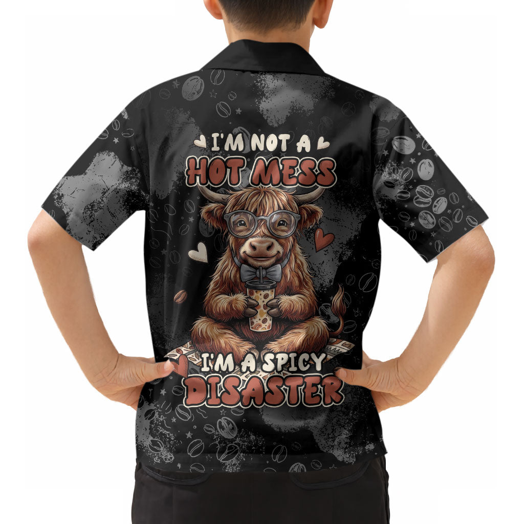 Hot Mess Highland Cow Kid Hawaiian Shirt Funny Cute Coffee Lover - Im A Spicy Disaster