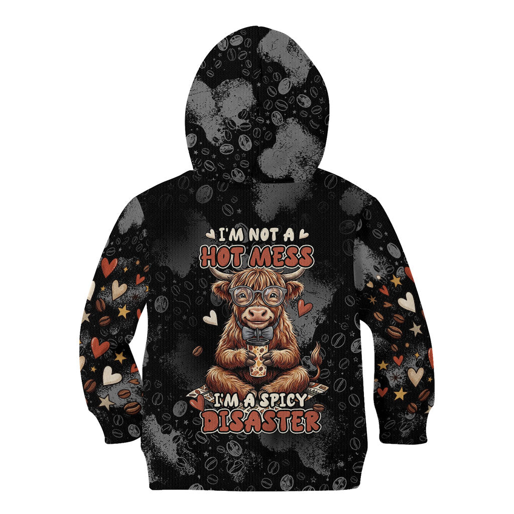 Hot Mess Highland Cow Kid Hoodie Funny Cute Coffee Lover - Im A Spicy Disaster