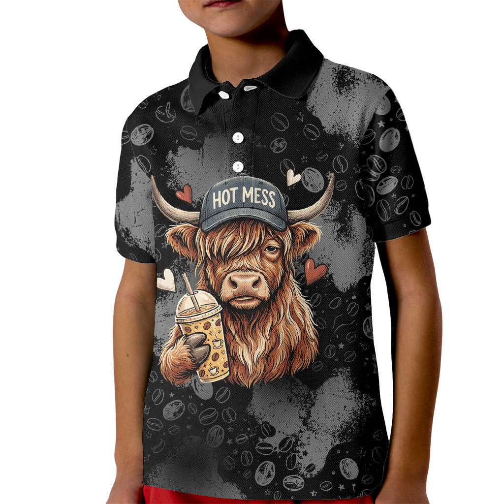 Hot Mess Highland Cow Kid Polo Shirt Funny Cute Coffee Lover - Im A Spicy Disaster