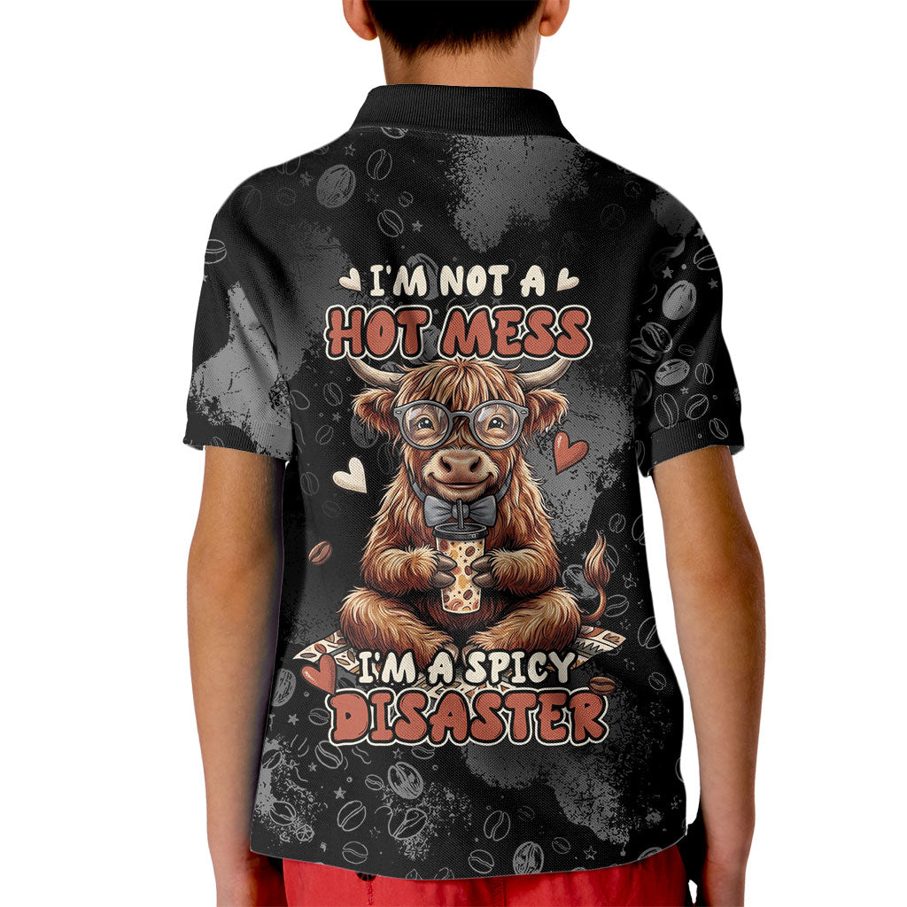Hot Mess Highland Cow Kid Polo Shirt Funny Cute Coffee Lover - Im A Spicy Disaster