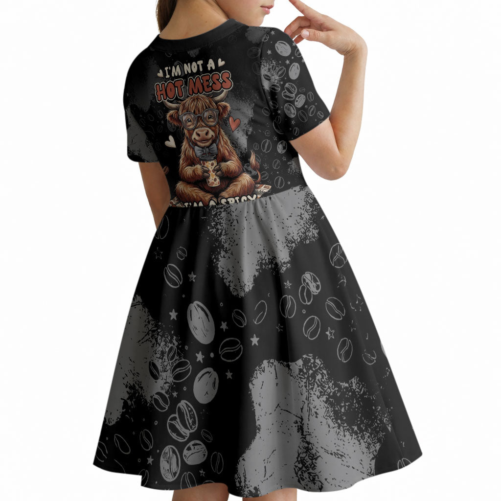 Hot Mess Highland Cow Kid Short Sleeve Dress Funny Cute Coffee Lover - Im A Spicy Disaster