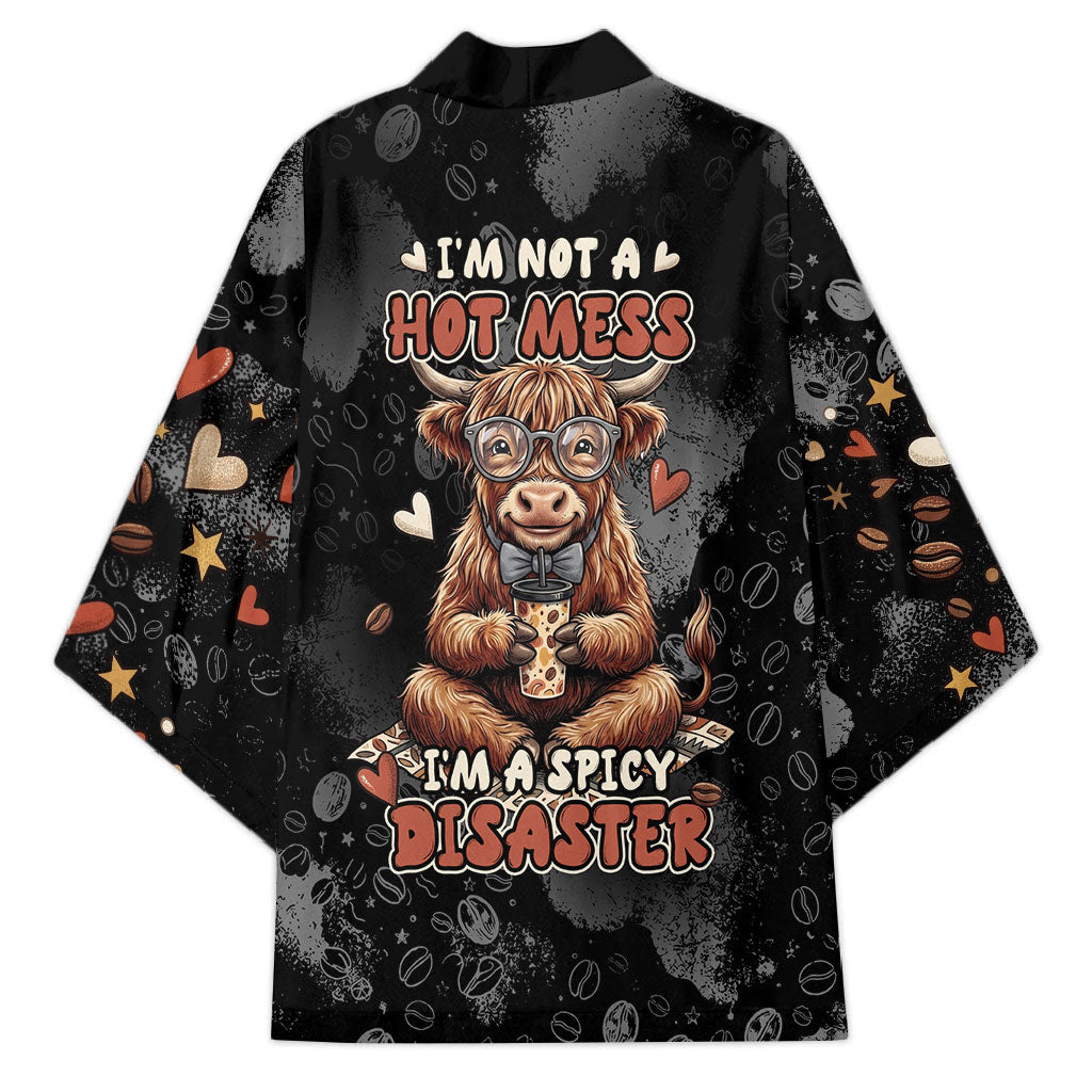 Hot Mess Highland Cow Kimono Funny Cute Coffee Lover - Im A Spicy Disaster