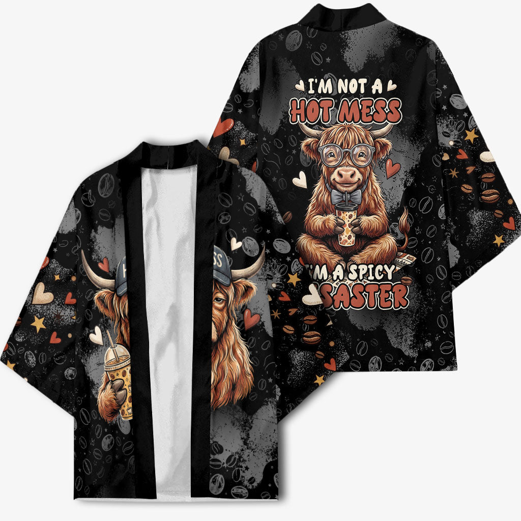 Hot Mess Highland Cow Kimono Funny Cute Coffee Lover - Im A Spicy Disaster