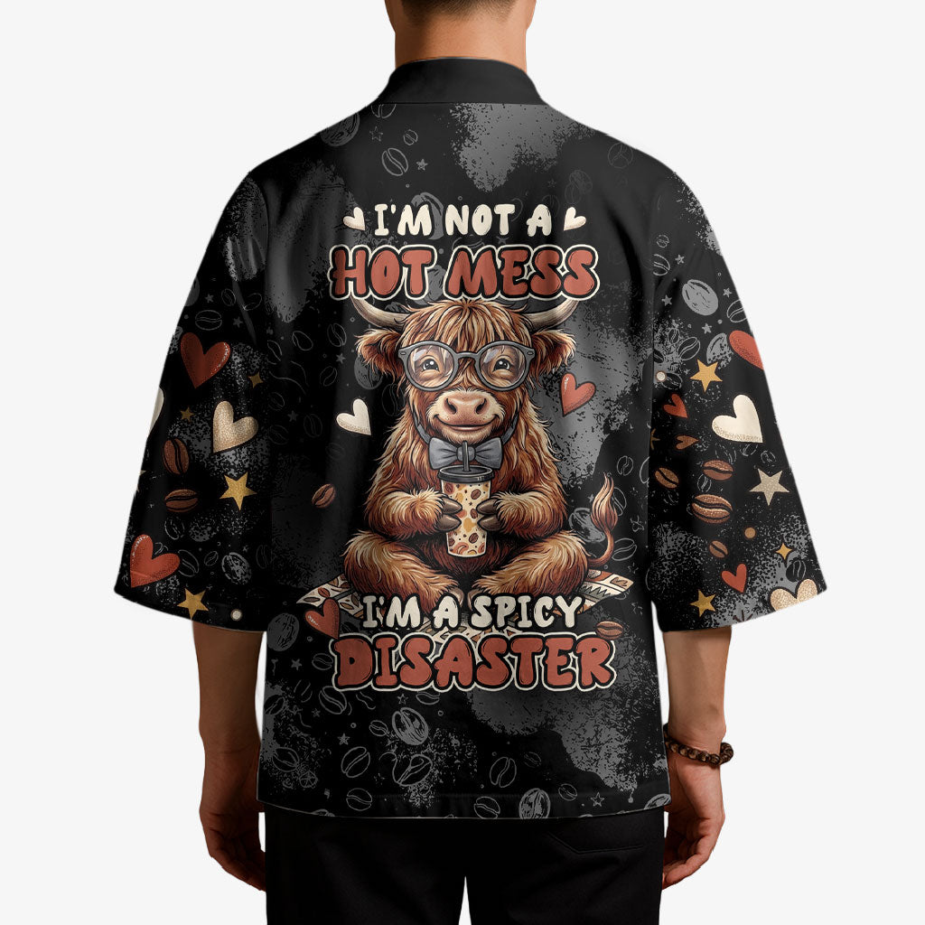 Hot Mess Highland Cow Kimono Funny Cute Coffee Lover - Im A Spicy Disaster