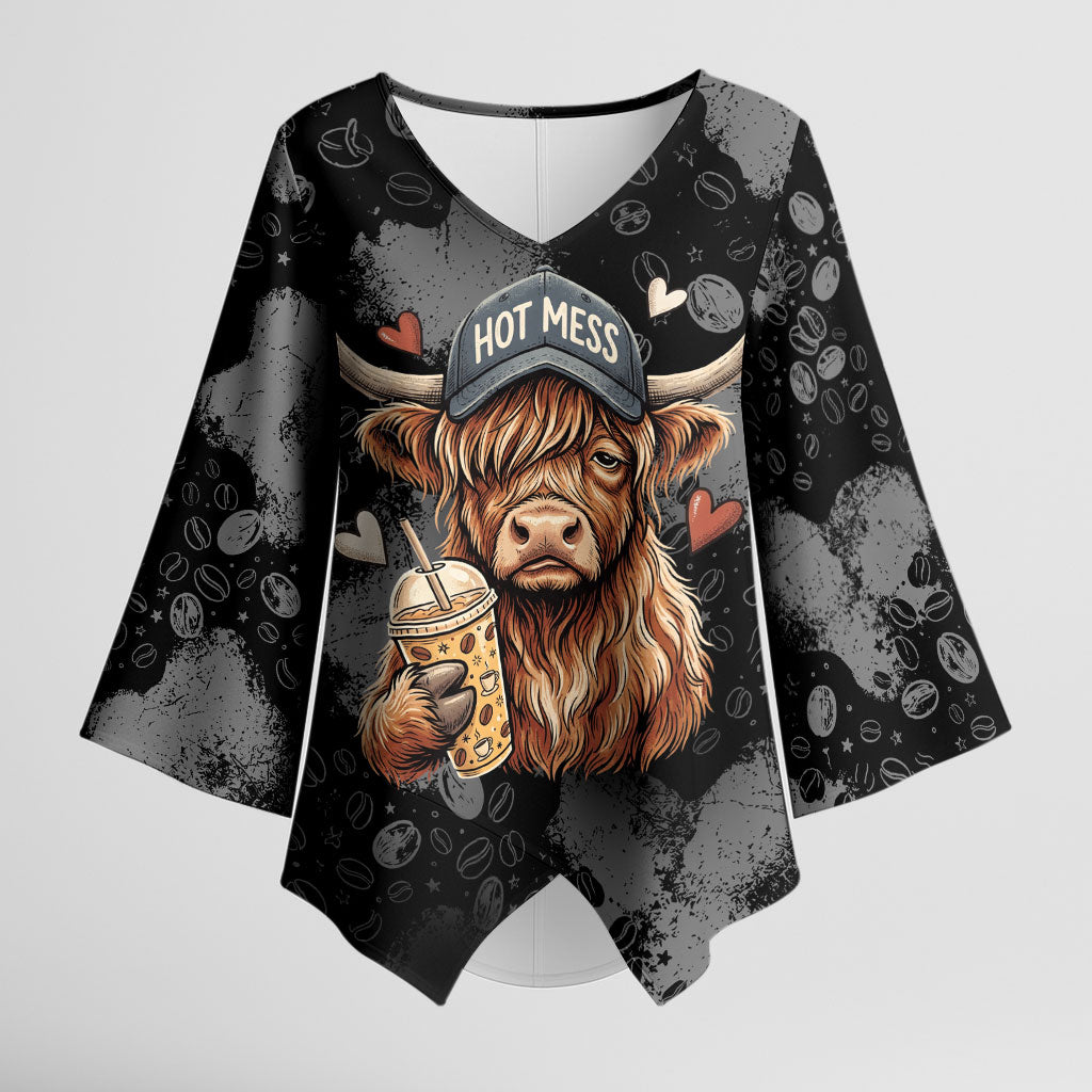 Hot Mess Highland Cow Kimono Sleeve Blouse Funny Cute Coffee Lover - Im A Spicy Disaster