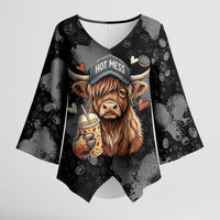 Hot Mess Highland Cow Kimono Sleeve Blouse Funny Cute Coffee Lover - Im A Spicy Disaster