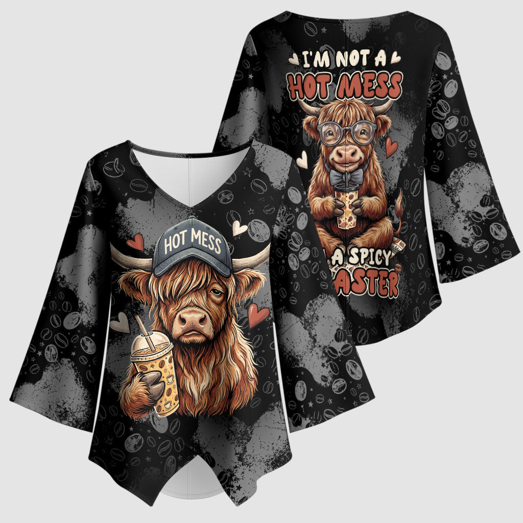 Hot Mess Highland Cow Kimono Sleeve Blouse Funny Cute Coffee Lover - Im A Spicy Disaster