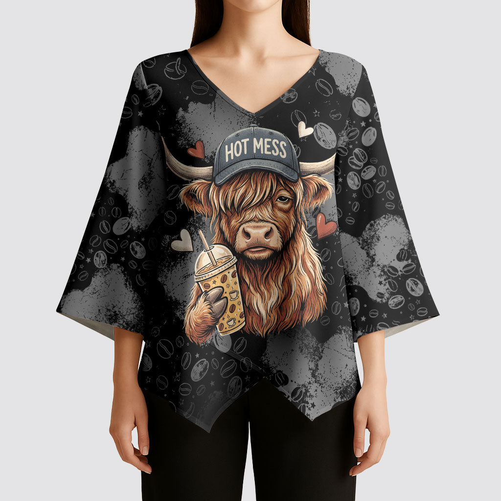 Hot Mess Highland Cow Kimono Sleeve Blouse Funny Cute Coffee Lover - Im A Spicy Disaster