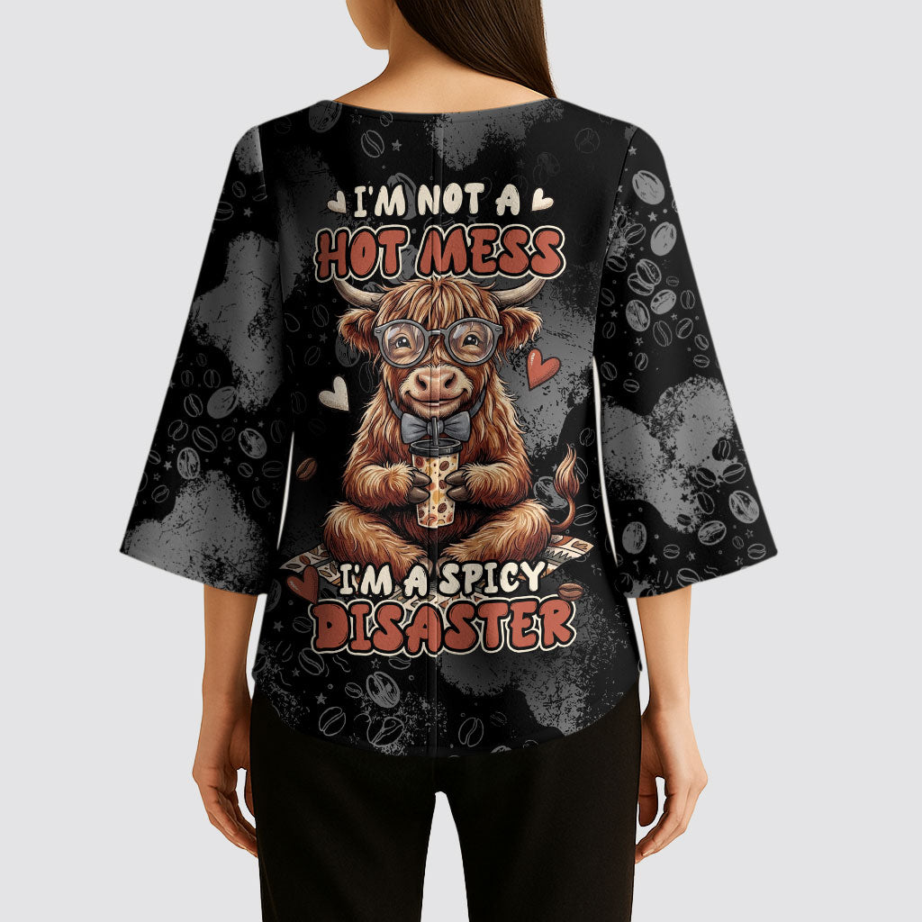 Hot Mess Highland Cow Kimono Sleeve Blouse Funny Cute Coffee Lover - Im A Spicy Disaster